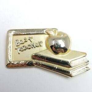 Vintage OAJC Signed Best Teacher Brooch, Gold Tone Books Apple Chalkboard Pin